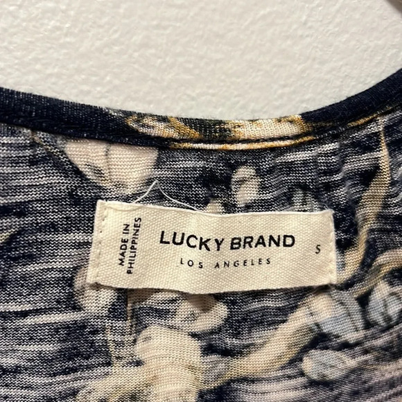 Lucky Brand Puff Sleeve Split Neck Floral Print Peasant Navy Blue Top S - Picture 3 of 6